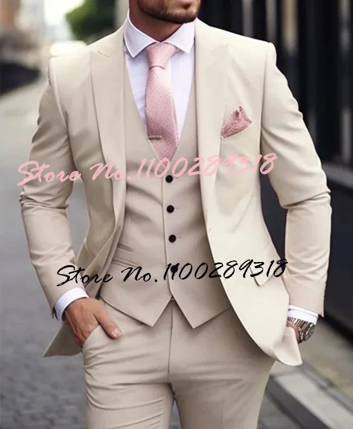 Pink Luxury Men's Suits Terno Formal Outfits 3 Piece Jacket Pants With Vest Slim Fit Luxury Costume Homme Formal Occasion Terno