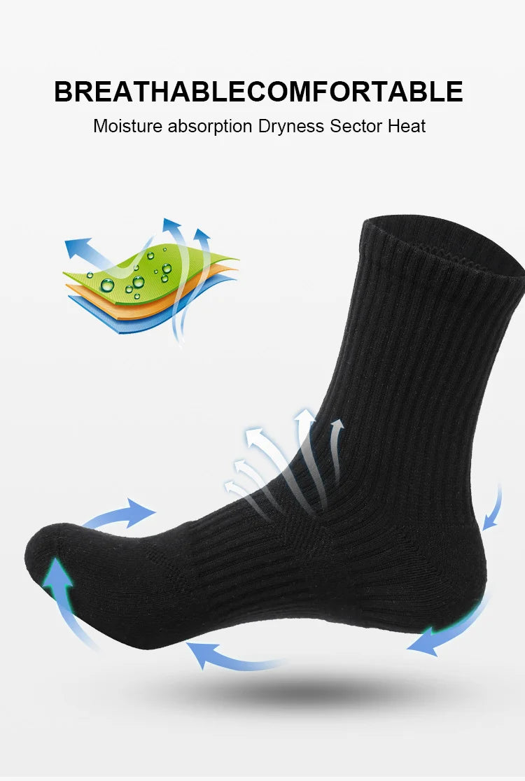 Mens Moisture Wicking Outdoor Hiking Work Cotton Socks Compression Cushion Crew Socks Leisure Men Black Socks 5 Pairs