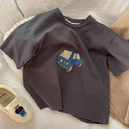 Cotton Half Sleeve T-shirt Boys Child 2025 Summer Baby Unisex Costume Sports Casual Tees Girls Cartoon Car Trendy Pullover Shirt