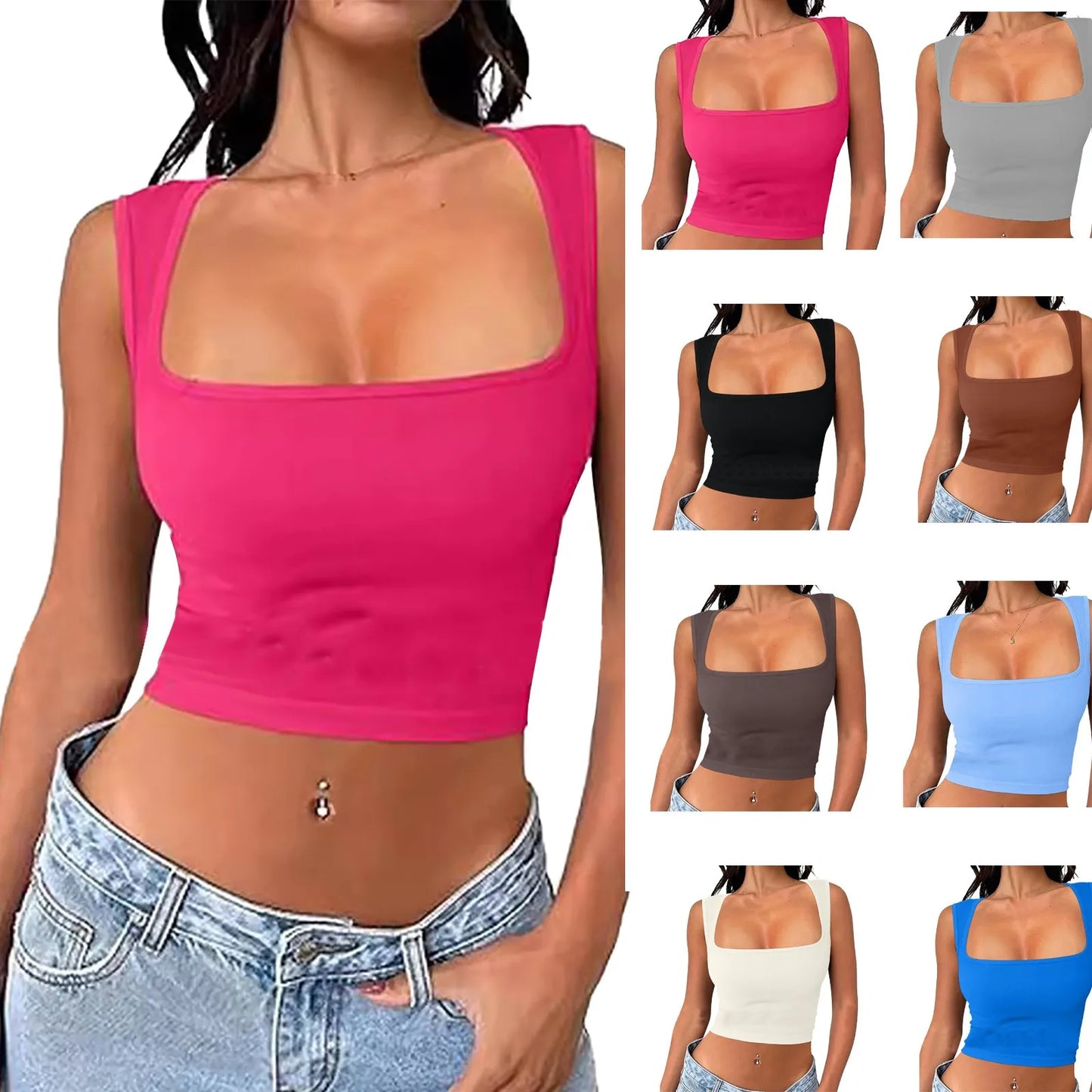 Summer Women square neck Low neckline Sexy Fashion Short Vest Street Fashion Solid Color Personality Top tank For Young ladies