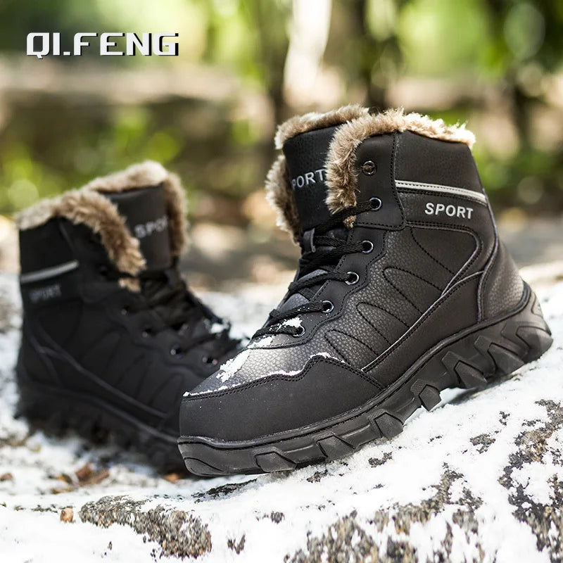 Men's Winter Snow Boots Leather Fabric Thickened Plush Shoes Extra Large Outdoor Mountaineering Anti Slip Training Shoes 39-48