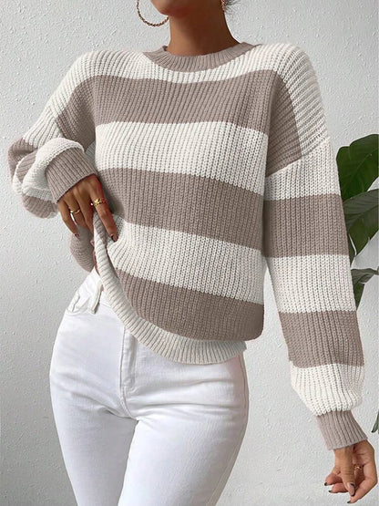 Women's autumn and winter contrasting striped round neck pullover knitted sweater