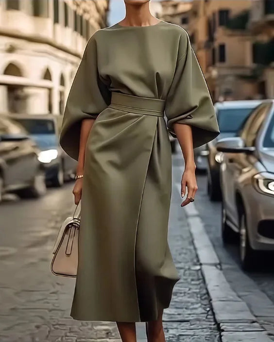 Spring Summer New Women's Fashion Style Elegant Solid Color Waist Dress Casual Bat Sleeve Long Dress Vestidos Para Mujer