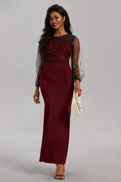 Mesh Patchwork Dress Womens Fashion Round Neck Long Sleeve Slim Elegant Dress Women