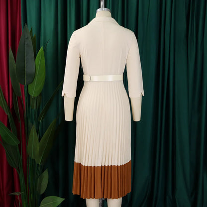 CM.YAYA Fashion Full Sleeve Notched Neck Solid High Waist Belt Dress Women Autumn Office Lady Pleated Long Africa Midi Dresses