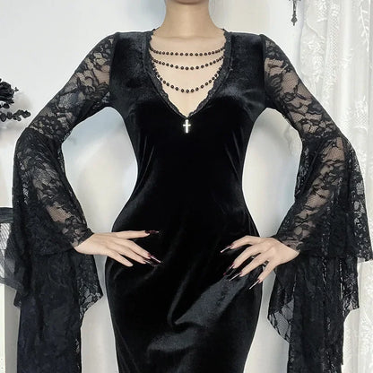 Y2K Goth Floral Lace Mesh Flared Sleeve Bodycon Party Dresses Sexy Vintage Elegant Black Velvet V-Neck Long Dress Partywear