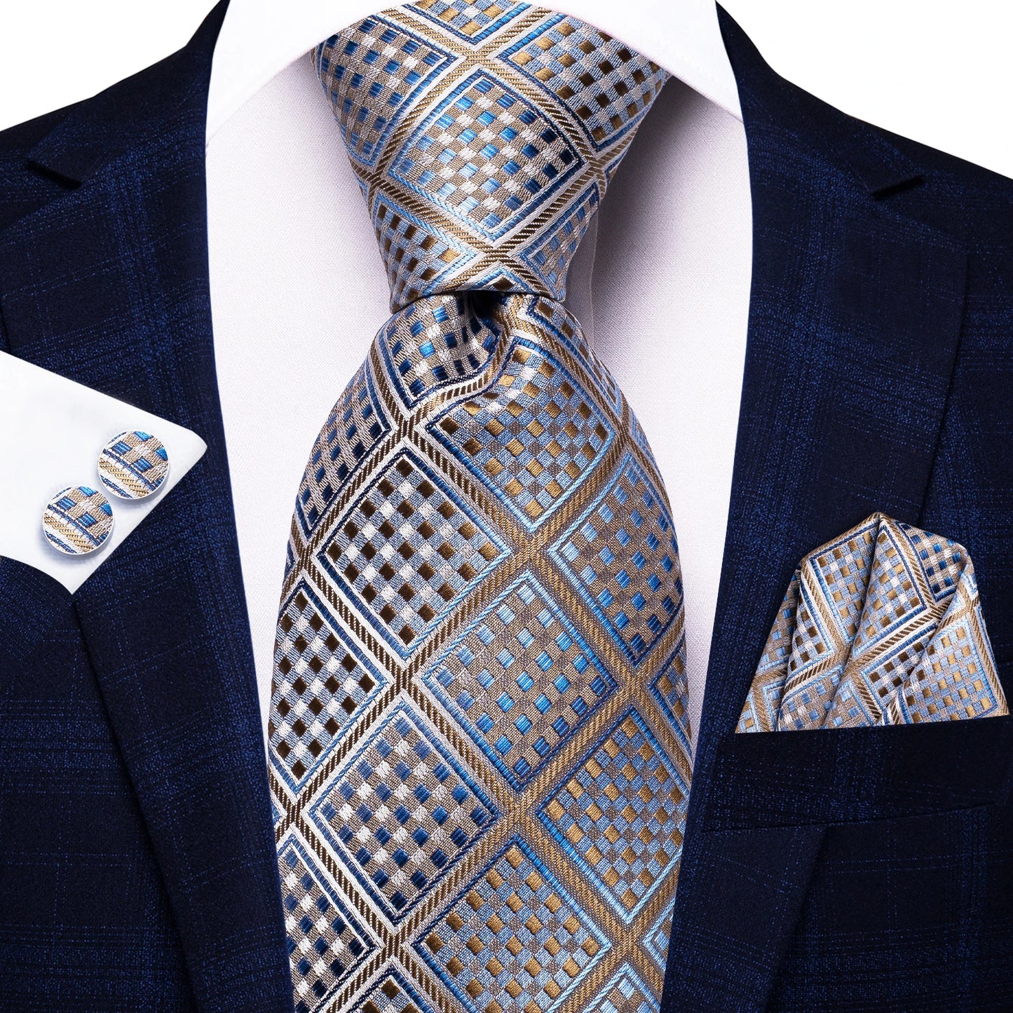 Hi-Tie Designer Silk Wedding Tie For Men Blue White Plaid Handky Cufflink Set Fashion Necktie For Men Business Party Wholesale