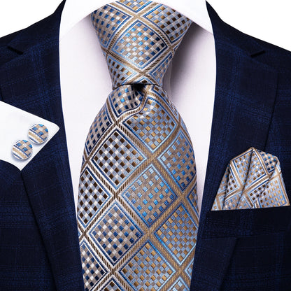 Hi-Tie Designer Silk Wedding Tie For Men Blue White Plaid Handky Cufflink Set Fashion Necktie For Men Business Party Wholesale