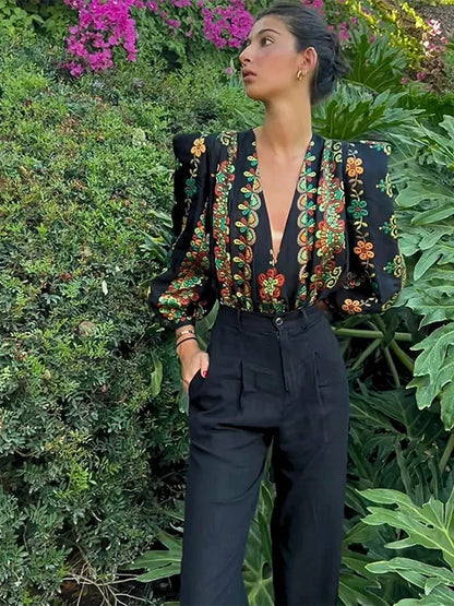 Spring Summer Womens Dress Fashion Printed Long-sleeved Top and Lose Floor-length Skirt Elegant V-neck Women Clothes Vestidos