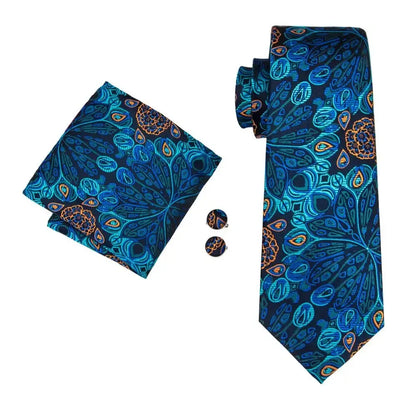 Hi-Tie Peacock Blue Novelty Designer Silk Wedding Tie For Men Hanky Cufflinks Gift Mens Fashion Necktie Set Business Party