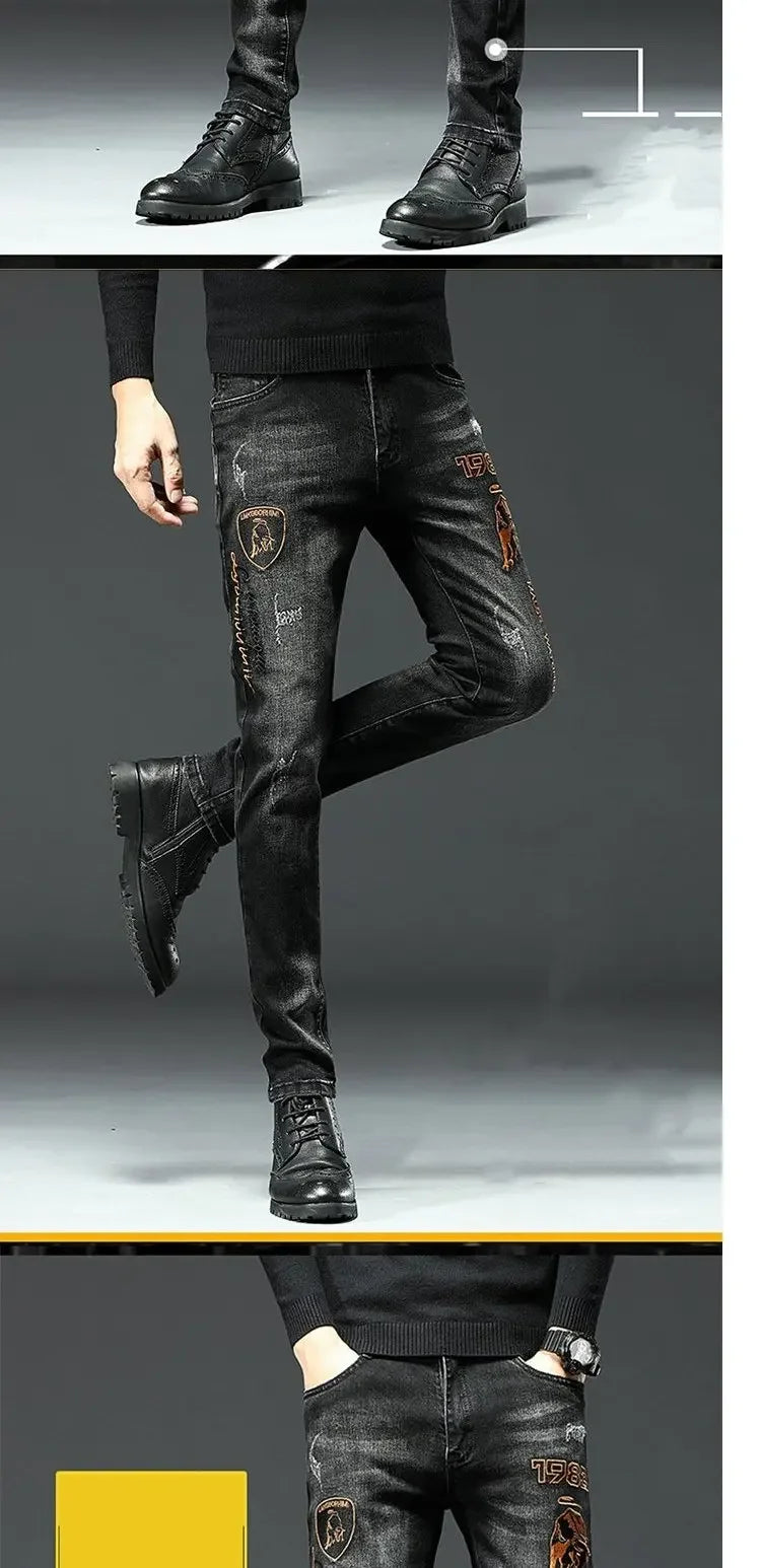 Trendy Black Embroidered Jeans For Men Casual Comfortable Slim Fit Printed Flexible Small Footwear Youth Fashion