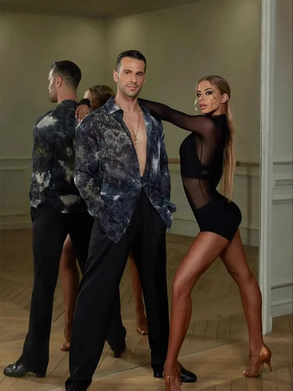 ZYM Latin Dance Body Mesh Top Leopard Bodysuit Ballroom Latin Dancing Leotard Latin Training Practice Wear Rumba Chacha #2377