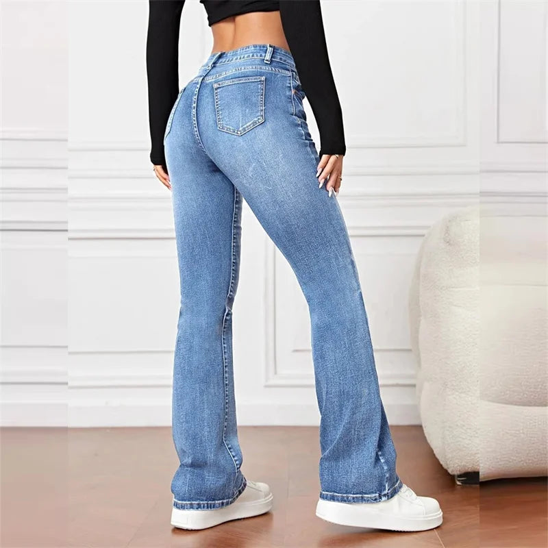 Women New Casual Micro Flares Jeans Vintage Mid Waist Button Splice Denim Pants Female Office Commuter Trousers Trend Streetwear