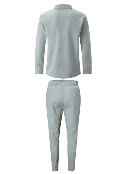 Spring and Autumn Men Waffle Solid Color Two-piece New Trend Lapel Long-sleeved Shirt and Trousers Casual Outdoor Sports Suit
