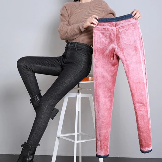 Winter Thickened Plush Jeans Women's 2022 High Waist Lengthened Feet Slim Thermal Outwear Winter Trousers With Pants Women Plus