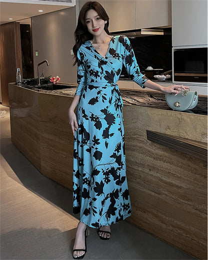 FANIECES Summer Wrap Dresses Women Sexy V Neck Split Maxi Dress Print Female Casual Beachwear Lace Up Party Vestidos Robe платье