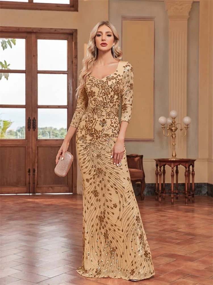 Luxury Champagne Evening Dress Women 2024 Long Mermaid Formal Sequins V-neck Prom Elegant Wedding Party Cocktail Gown