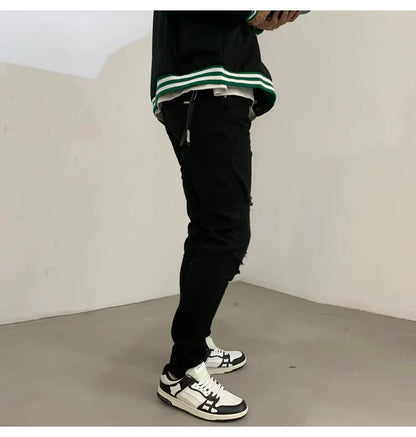 High street fashion new men's black jeans stretch slim fit retro washed leather patch jeans hip-hop brand designer pants Hombre