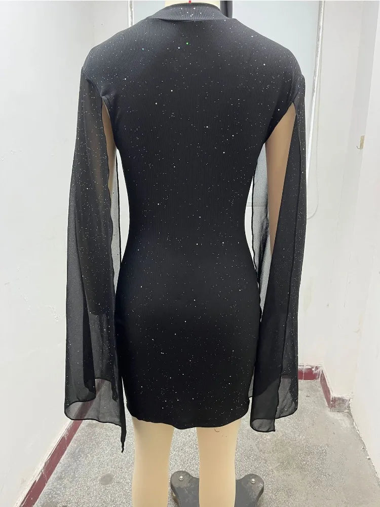 Spring New Party Tight Sexy Dress Women O Neck Solid Fashion Sequin Cape Mesh Women's Mini Skirt With Hip Wrap Dress Vestidos