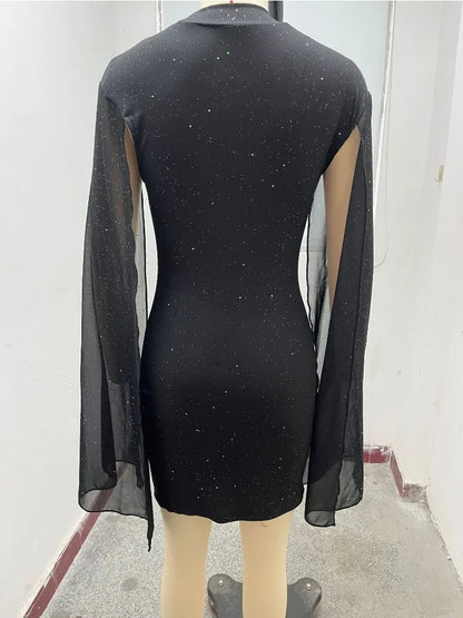 Spring New Party Tight Sexy Dress Women O Neck Solid Fashion Sequin Cape Mesh Women's Mini Skirt With Hip Wrap Dress Vestidos