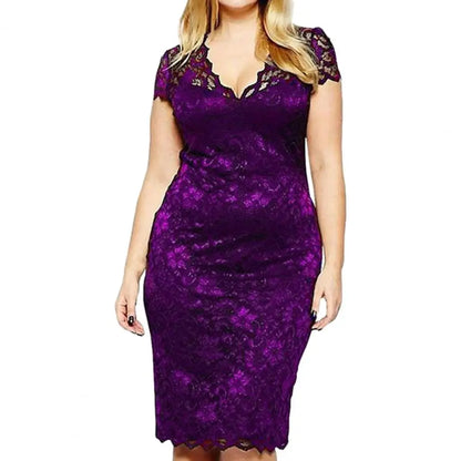 Summer Women See-through Lace Patchwork Mini Dress V-Neck Short Sleeve Slim Fit Plus Size Party Dress Female Clothing