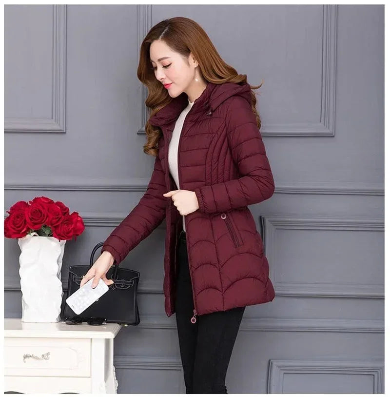 2024Fashion Middle Age Mother Slim Down Cotton Hooded Jacket Plus Size Casual Solid WarmThick Outwear Parka Winter Coat Women