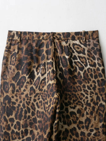 KONDALA Vintage Leopard Print Women Suits V Neck Sashes Long Sleeve Oversized Blazer+Wide Leg Pants Fashion 2025 Autumn Suits