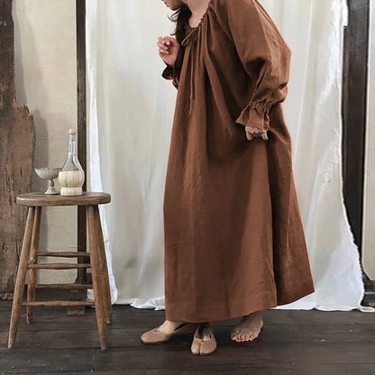 2025 New Spring Cotton Linen Dress for Women Solid Long Sleeve Drawstring Office Lady Elegant Maxi Dress