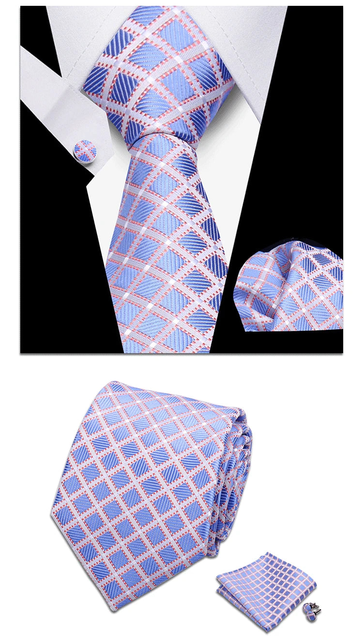 Classic Elegant Ties For Men Fashion Gifts Striped Solid Necktie Handchief Cufflink 3 Pcs Set Wedding Business Suit Accessories