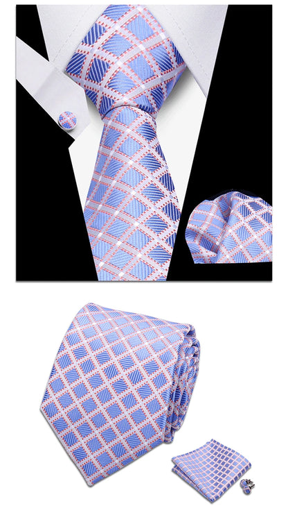Classic Elegant Ties For Men Fashion Gifts Striped Solid Necktie Handchief Cufflink 3 Pcs Set Wedding Business Suit Accessories