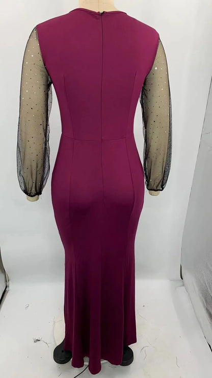 Mesh Patchwork Dress Womens Fashion Round Neck Long Sleeve Slim Elegant Dress Women