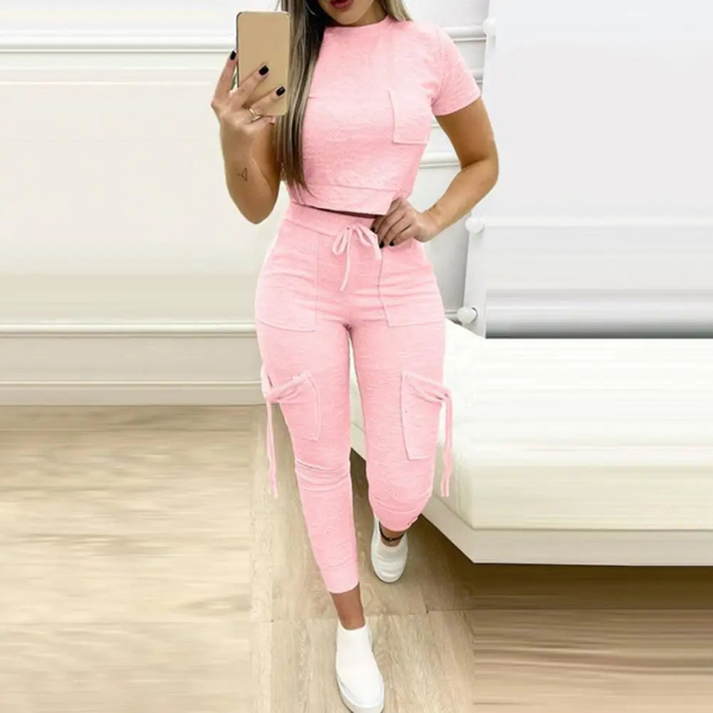 2Pcs/Set Top Pants Set Breathable Sports Outfit Pockets Ladies Sport Outfit Summer Loungewear Suit Trendy Streetwear