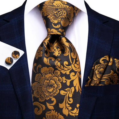 Hi-Tie Psialey Black Gold Silk Elegant Tie For Men Groom Wedding Men Necktie Pocket Square Cufflink Accessory Wholesale Designer