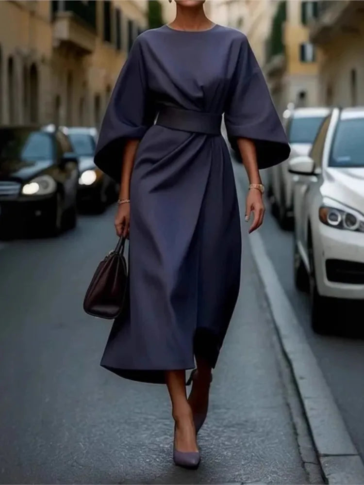 Spring Summer New Women's Fashion Style Elegant Solid Color Waist Dress Casual Bat Sleeve Long Dress Vestidos Para Mujer