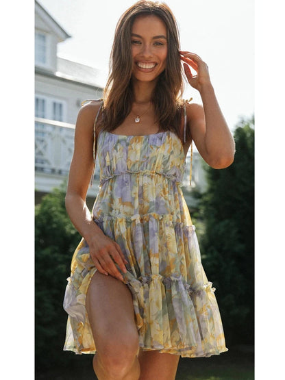 Spring Summer Print Floral Dress for Women Chiffon Strapless Sleeve Backless Ruffles Mini Dress Chic Lady Beach Vacation 2025 Fa