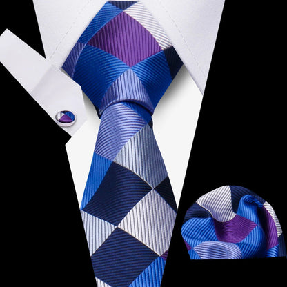 Tie Men Business Necktie Set Classic Plaid Cufflinks Handkerchief For Suit Wedding High Quality 3pcs Ties Sets Formal Gravata