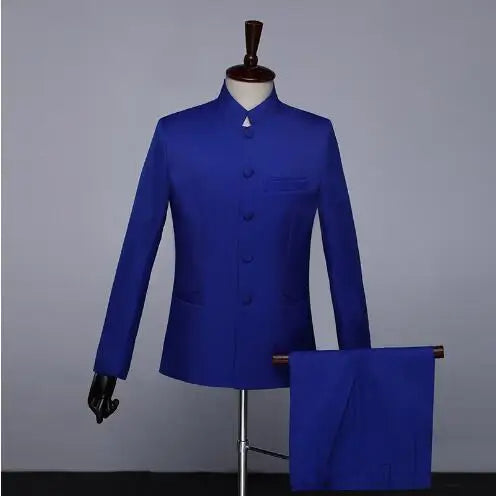 New Men Standing Collar Embroidered Suit 2 Piece Fashion Male Business Social Wedding Prom Stage Performance Dress Blazer Pant