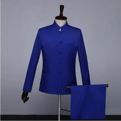 New Men Standing Collar Embroidered Suit 2 Piece Fashion Male Business Social Wedding Prom Stage Performance Dress Blazer Pant