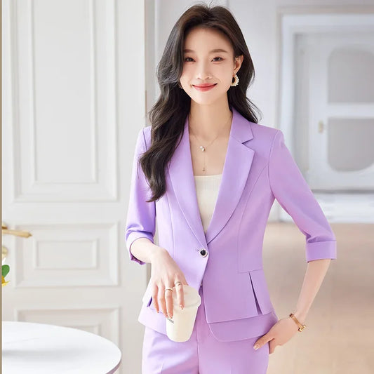 2024 Summer New Women's Petite Casual Seven-Half Sleeve Professional Workwear Purple Thin Suit Jacket Pants Set