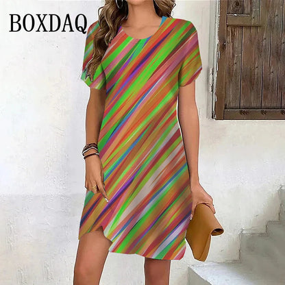 New Summer Fashion Gradient Rainbow Stripe Short Sleeve Dresses For Women 2024 Plus Size Casual O-Neck Print Loose Party Clothes