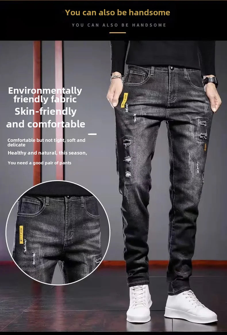 Men's Spring Autumn New Style Black Casual Jeans Korean Trendy Versatile Distressed Slims Smooths Your Silhouette Men's Trousers