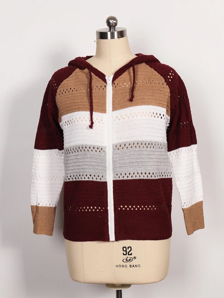 2024 Autumn and Winter New Casual Cardigan Women's Tops Plus Plus Zip Hoodie Colorblocking Lightweight Loose Top