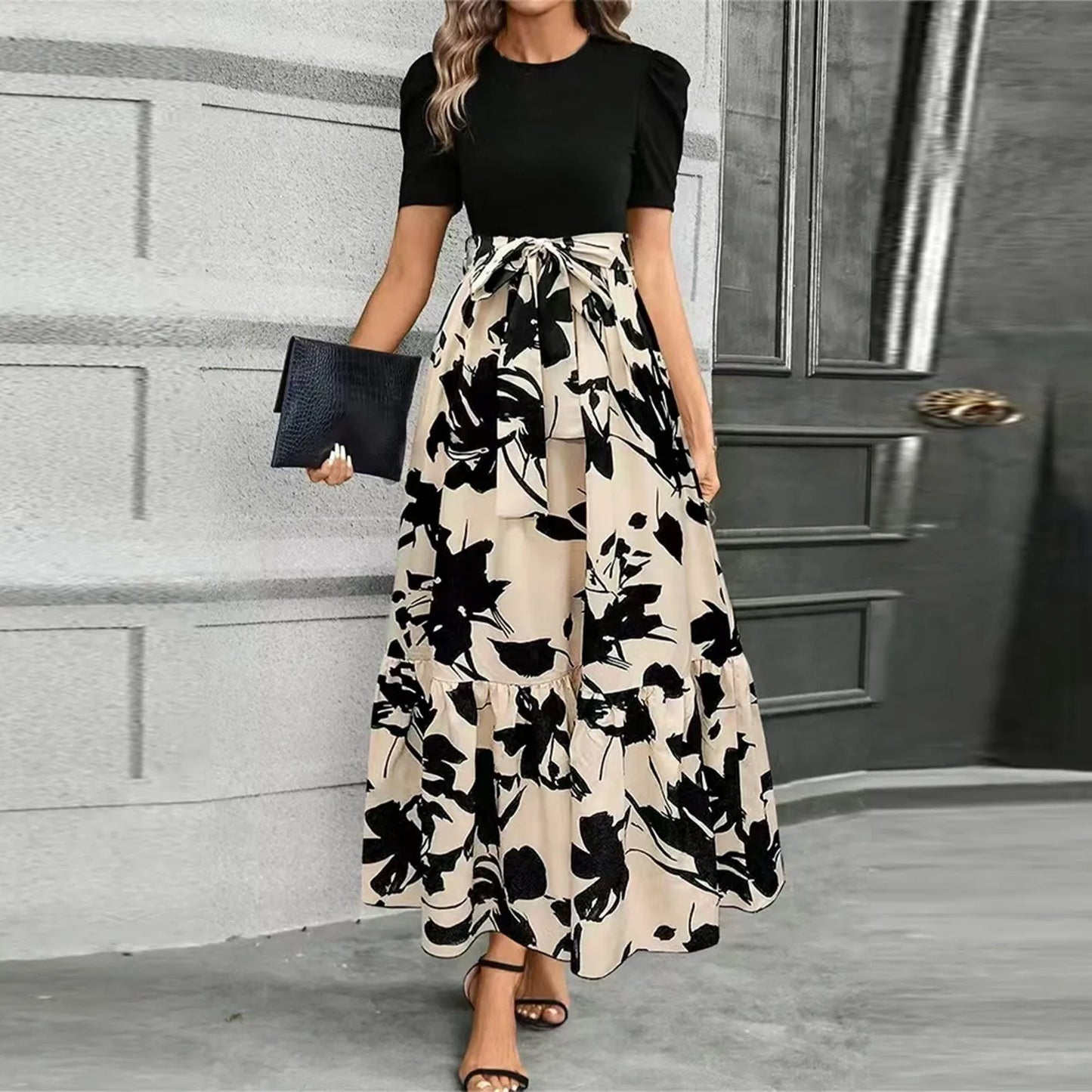 Spring Elegant Dress For Women Bow Tie Waist Cinched Dress A-Lin Flowing Skirt Office Women'S Clothing High Waisted Fashion Dres