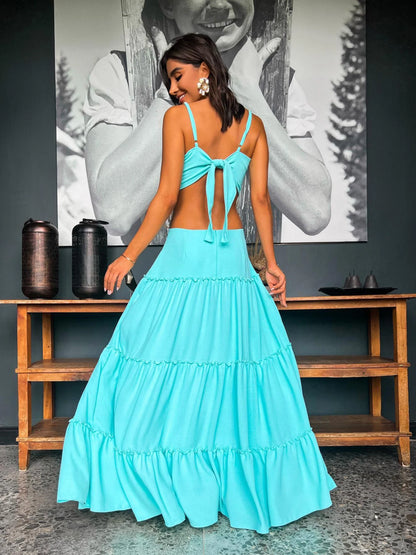 Summer New Sexy Solid Women Dresses Deep V Sleeveless Naked Waist Split Long Dress Fashion Casual Party A-line Female Clothing