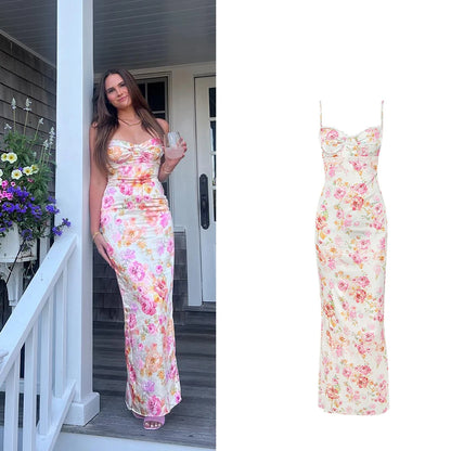 Wedding Guest Dresses for Women 2023 Summer Satin Dress Stretchy Evening Party Dress Floral Elegant Night Club Festival Outfit