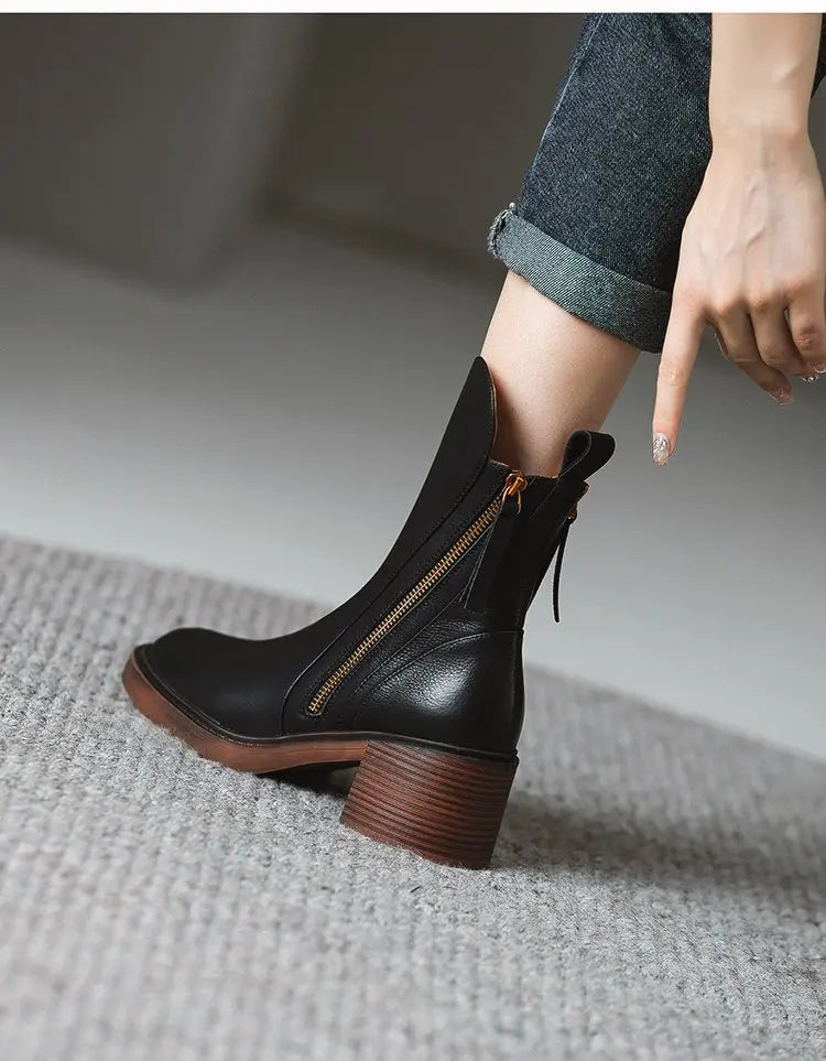 High Heel Ankle Boots for Women Leather Short Boots Round Toe Chunky Heel Boots Side Zipper Ankle Boot Female Platform Heel