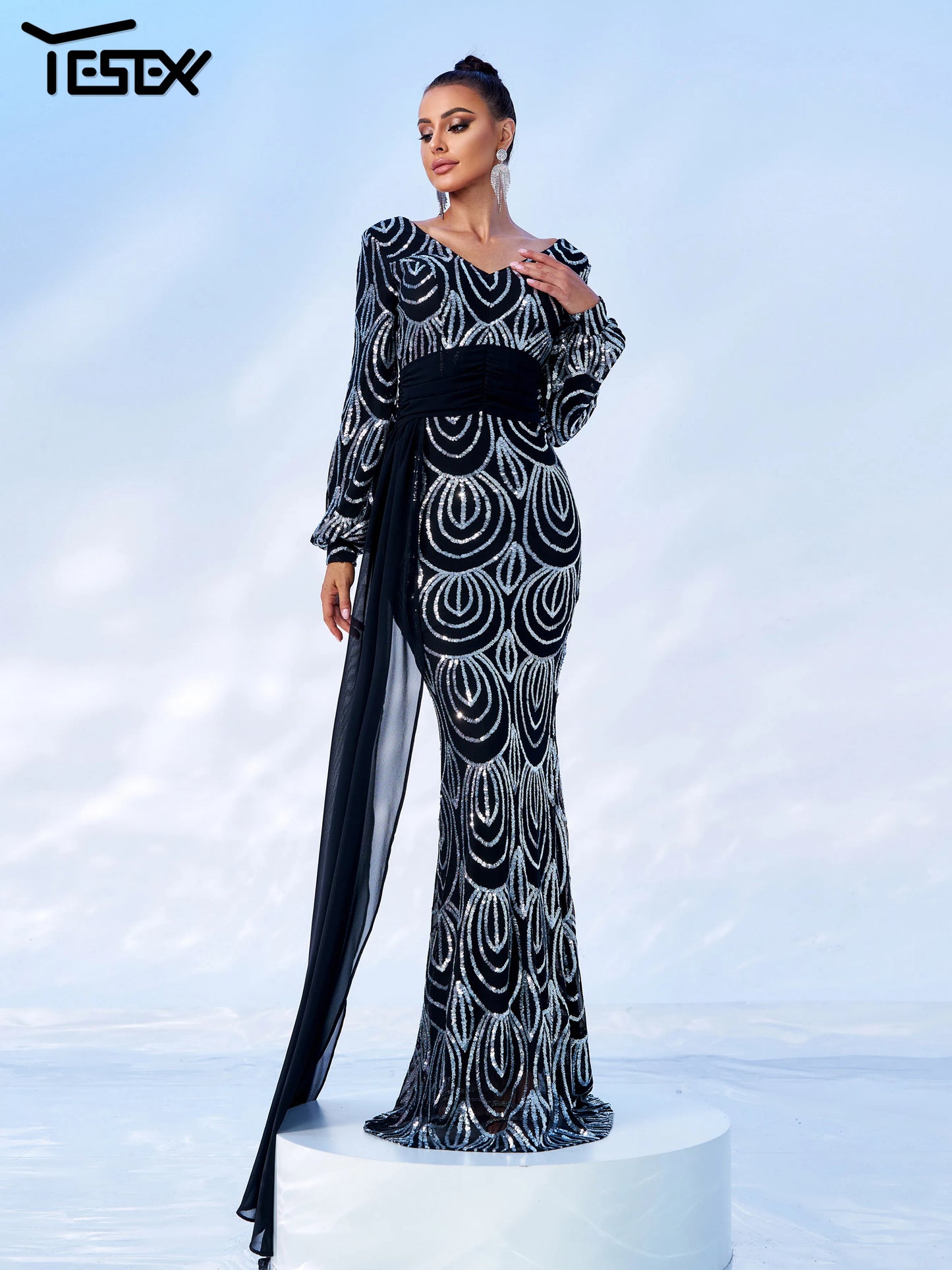 Yesexy Women’s Winter Long Sleeve Sequin Evening Dress - V-Neck Skinny Gown