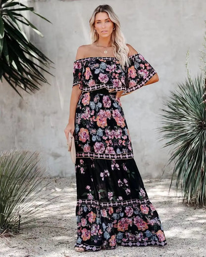2024 Spring Summer Women's New Sexy One Shoulder Off Shoulder Fashion Red Flower Printed Lace Up Waist Long Swing Dress