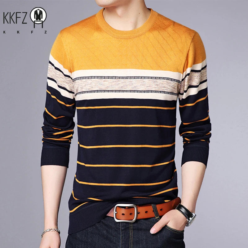 Men's New Fashionable Striped Knitted Shirt Long Sleeved Comfortable All Season Base Shirt Casual Top