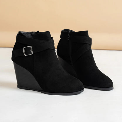 Black Wedge Heel Modern Boots Suede Side Zip Ankle Boots Women Winter Boot Buckle Shoes Botas Mujer Botines Big Size High Heels